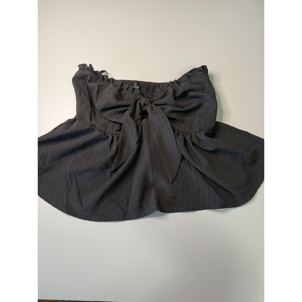 Black Strapless Tie Front Bow Peplum Tube Top Smocked Back Size S